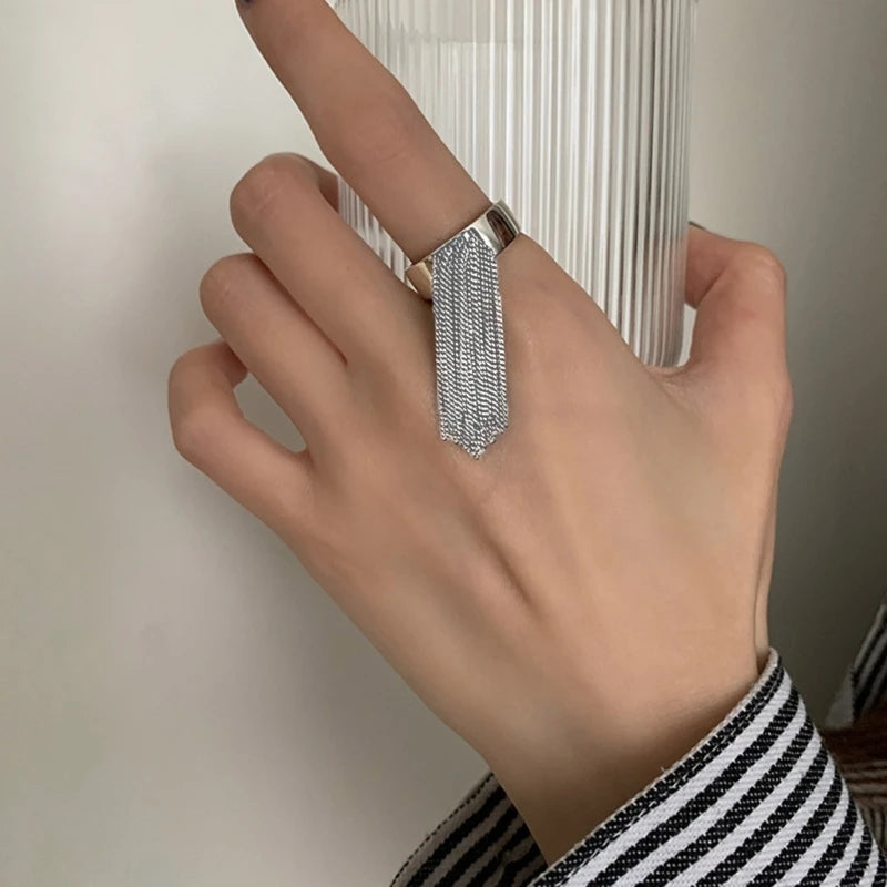 Vintage Stainless Steel Tassel Chain Ring for Women Trendy Elegant Charm Creative Unique Design Personality Ring Party Jewelry