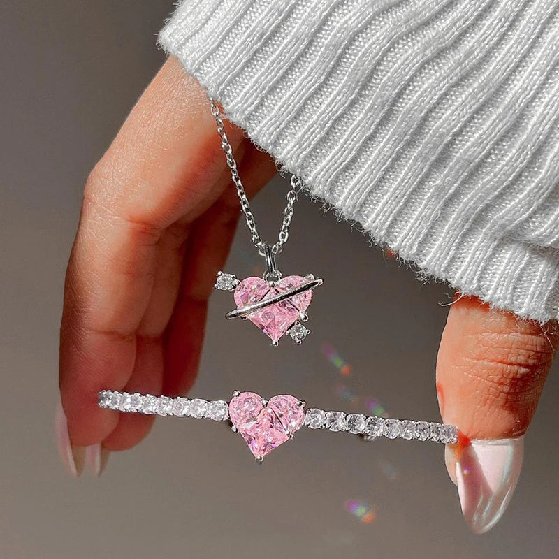 Y2K Heart Pink Zircon Pendant Necklace Set Exquisite Clavicle Chain Bracelet for Women Girl Punk Sweet Aesthetic Jewelry Party