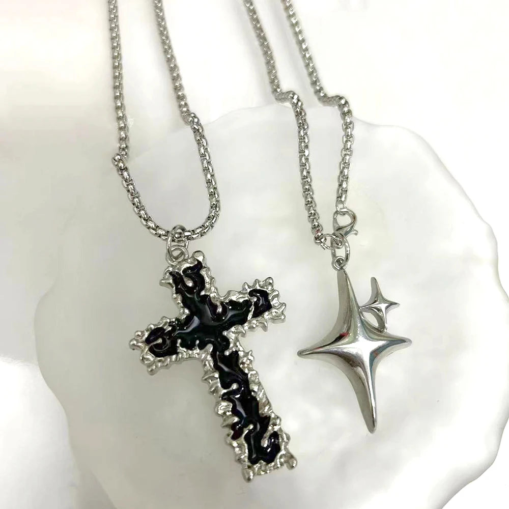 Men's Silver Color Chain Black Cross Necklace For Women Men Vintage Punk Simple Geometric Pendant Necklace Choker Jewelry
