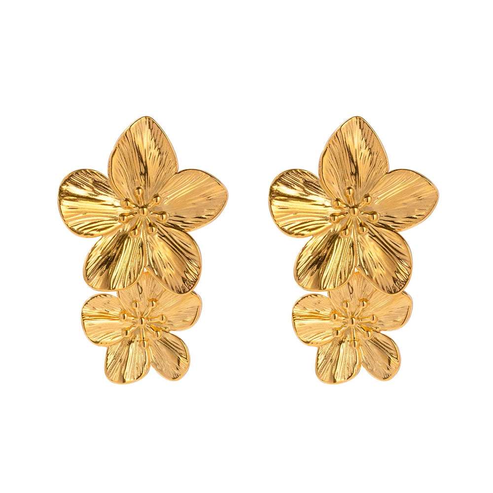 Vintage Gold Color Metal Flower Drop Earrings for Women Statement Stylish Exaggerated Simple Jewelry