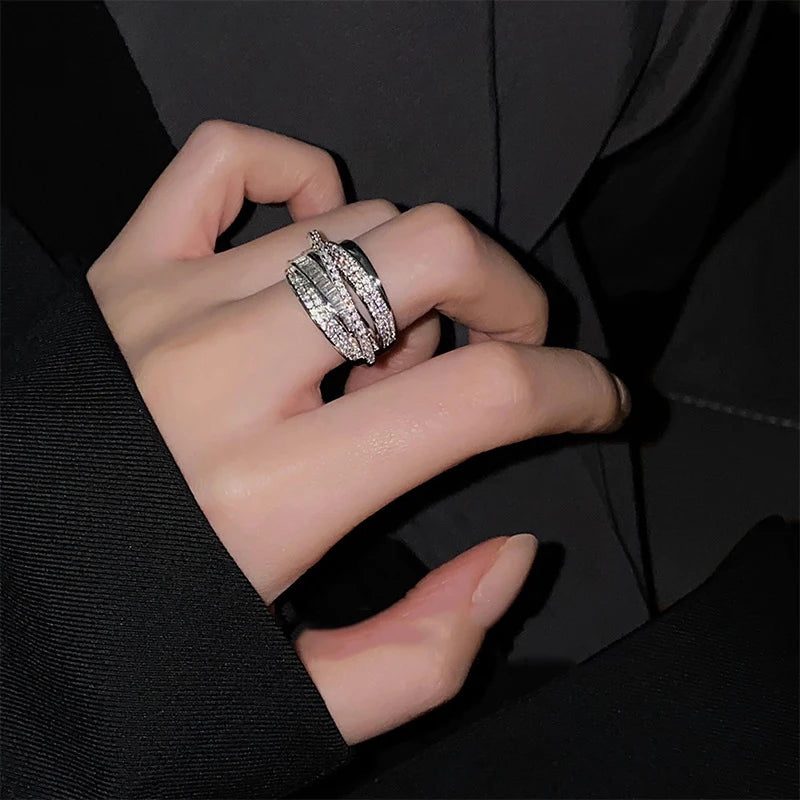2024 Silver Color Rhinestone Ring Multi-layer Winding Rings For Women Wedding Full Zircon Finger Rings Jewelry Gifts