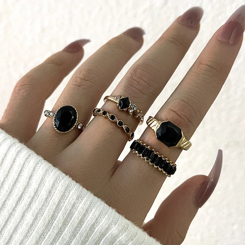 5Pcs Green Rhinestones Rings Set Geometric Imitation Crystal Bohemian Rings for Women Vintage Jewelry Wedding Party Gifts 2023