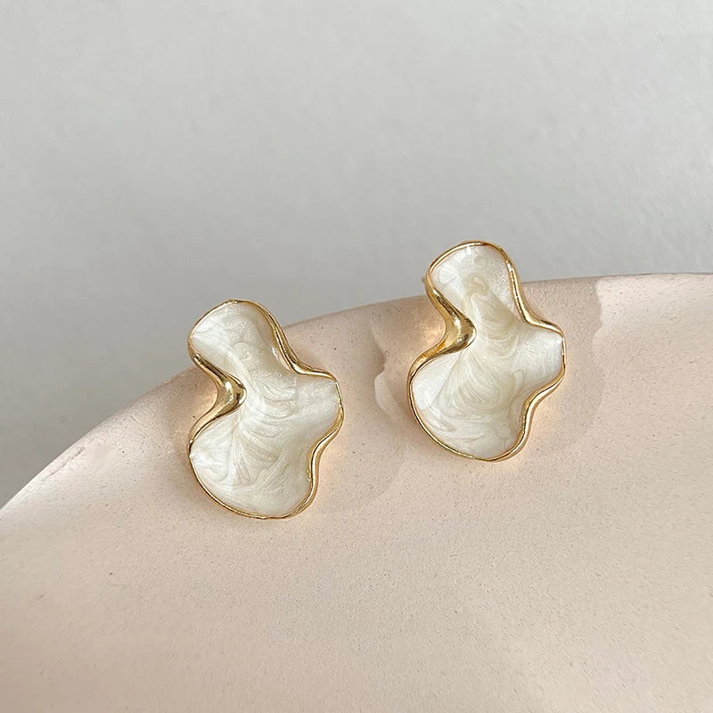 Irregular Metal White Cream Enamel Irregular Petal Flower Earrings for Women Girls Classic Fashion Jewelry Gifts Trend