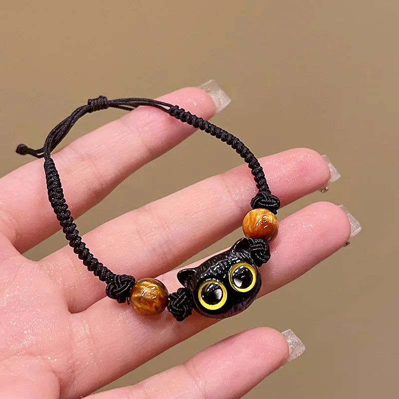 Cute Natural Stone Black Cat Bracelet for Women Men Fashion Cartoon Animal Beaded Bracelets Handmade Fashion Girl Jewelry Gifts