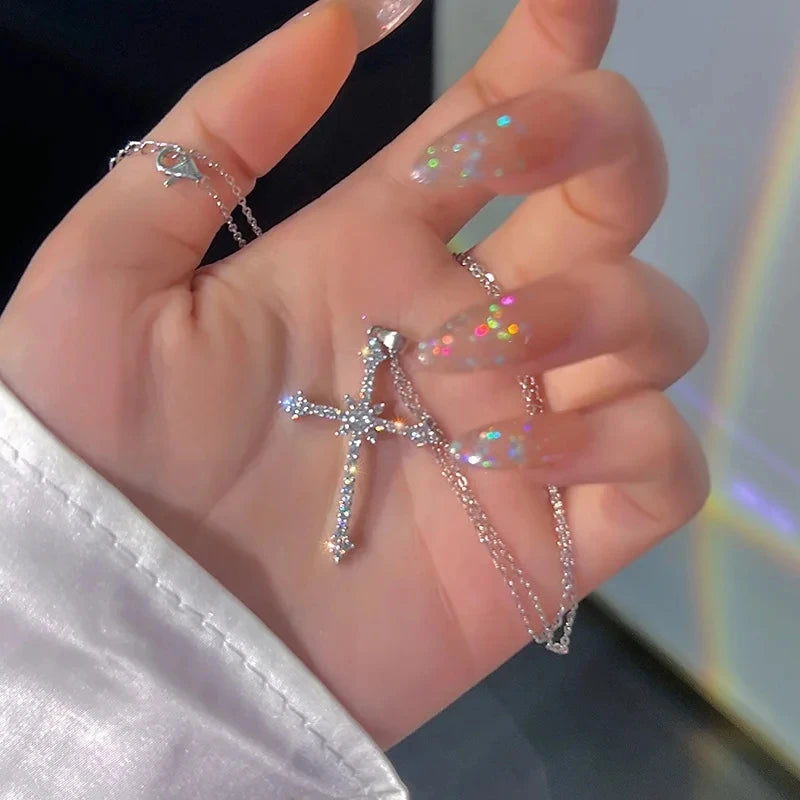 Y2K Style Crystal Cross Necklace for Women Men Gothic Punk Hip Hop Cross Pendant Necklace Shiny Elegent Chain Party Jewelry