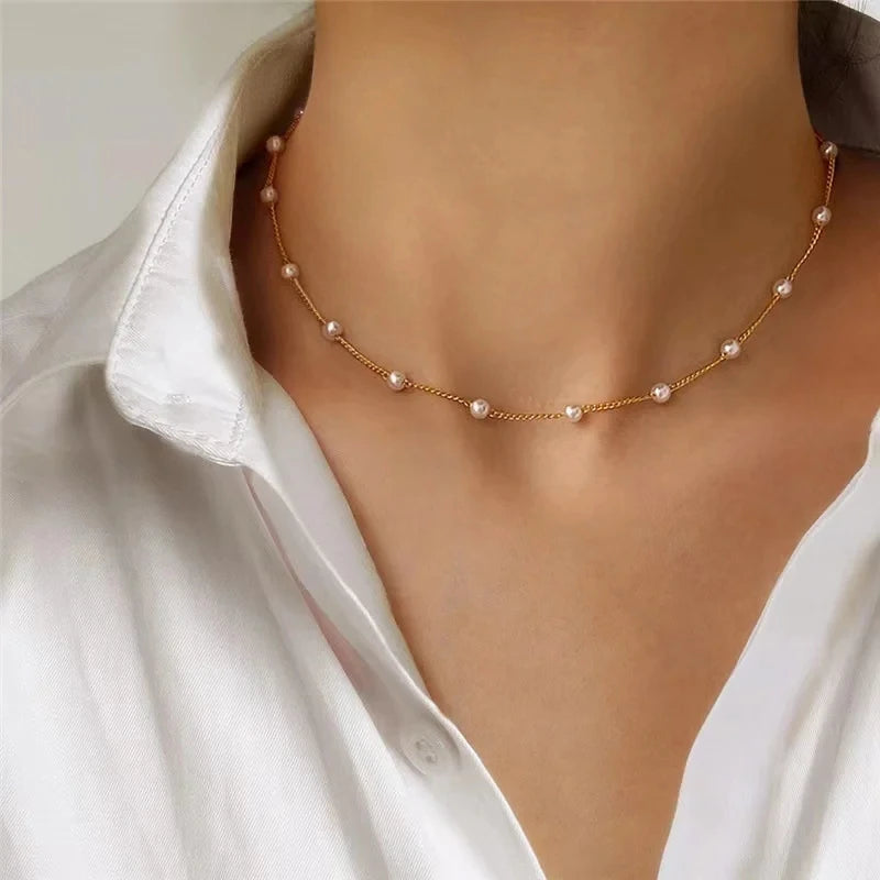 Women's Neck Chain Kpop Pearl Choker Necklace Gold Color Goth Chocker Jewelry Pendant Necklaces 2024 Collar for Girl